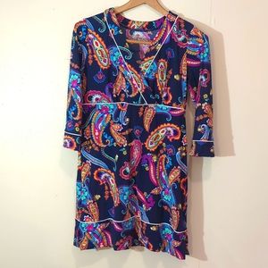 Navy pink orange Paisley mock rap mini dress 3/4 sleeve lands end extra small